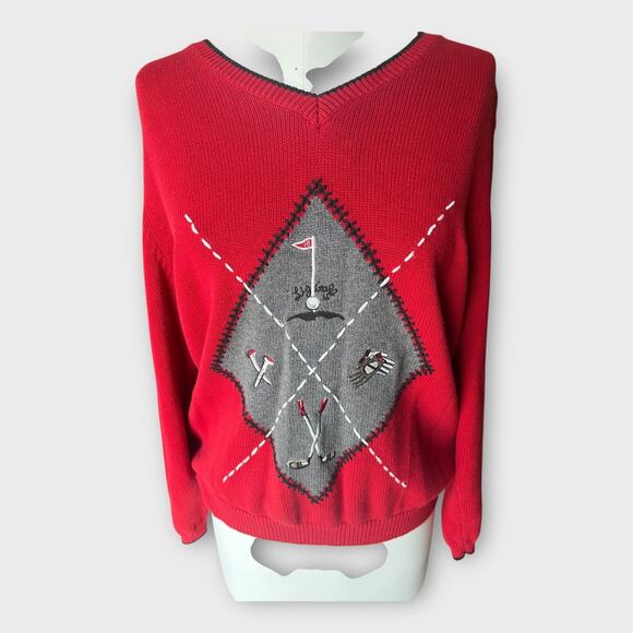 Vintage Red Argyle Embroidered Golf Sweater LizGolf Women's Large Preppy Classic - Picture 5 of 11